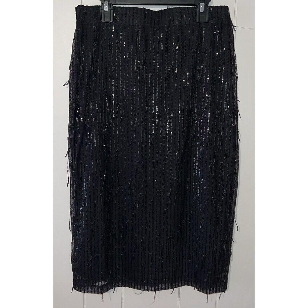 Women's Black Sequin Knee Length Skirt with Fringe Sequins Sz Medium (28 Inches)